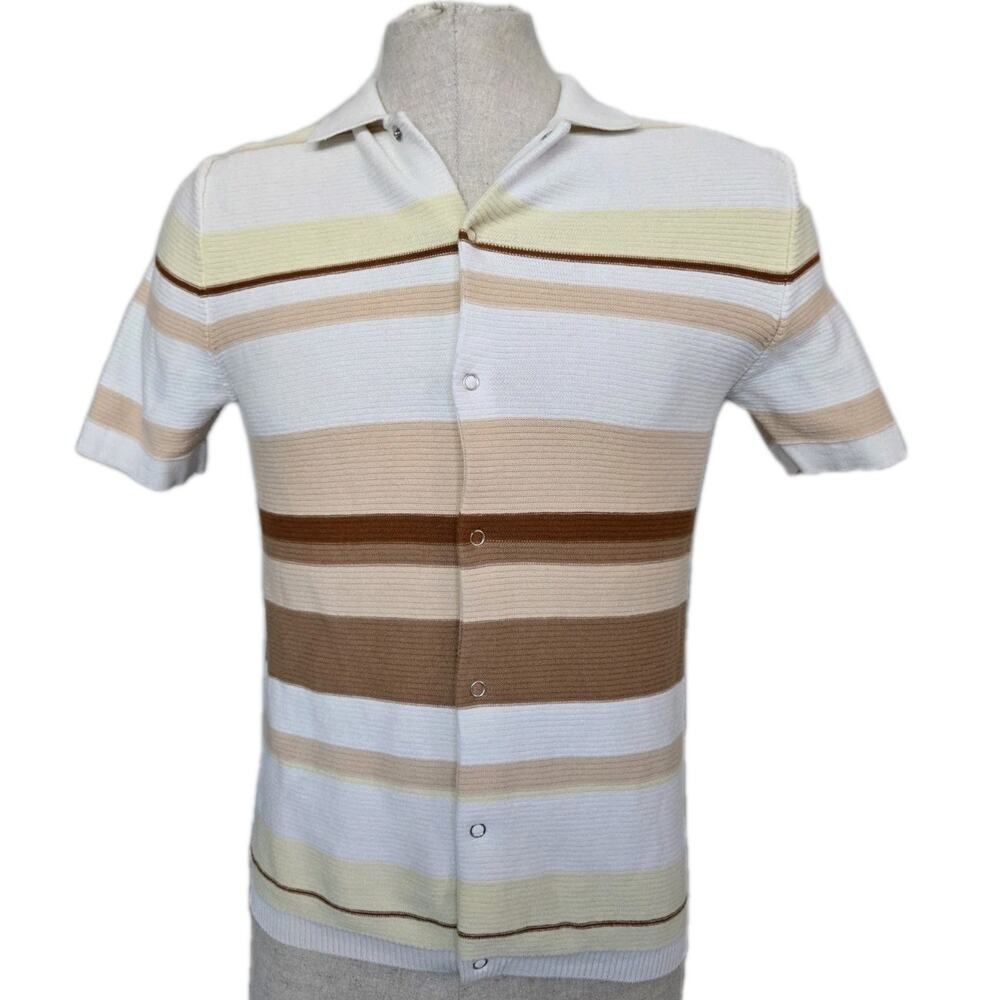 Percival Preppy Academia Snap Knit Ribbed Striped Collared Shirt Sz S